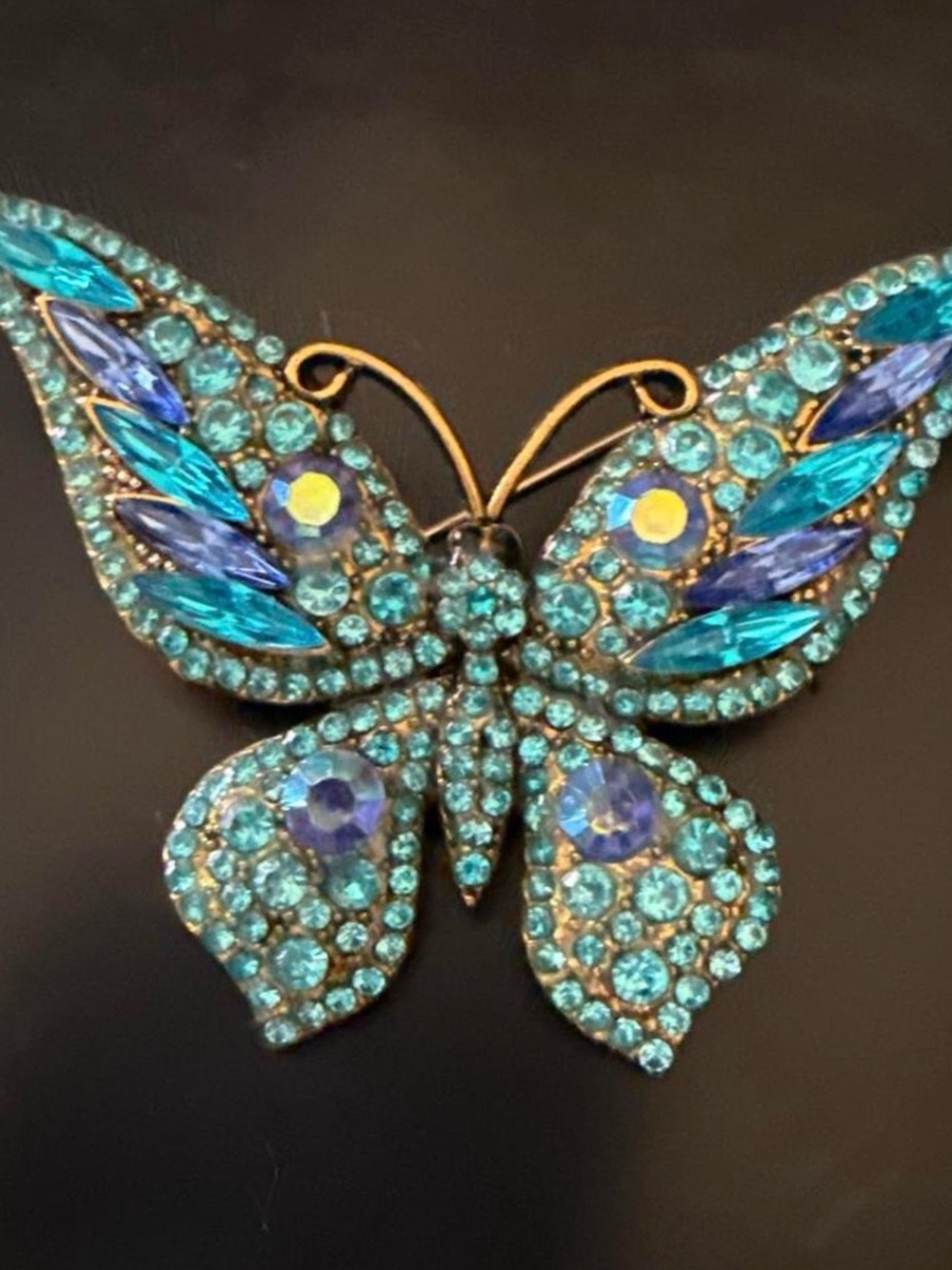 Blue Crystal Butterfly Brooch - Sparkling Turquoise Accent